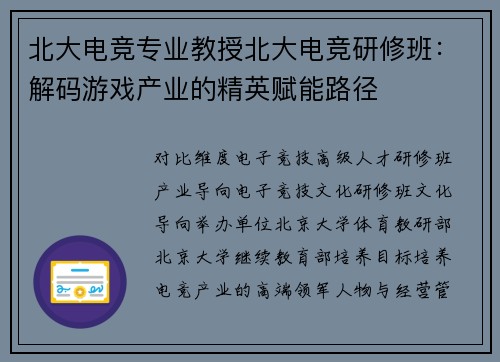 北大电竞专业教授北大电竞研修班：解码游戏产业的精英赋能路径